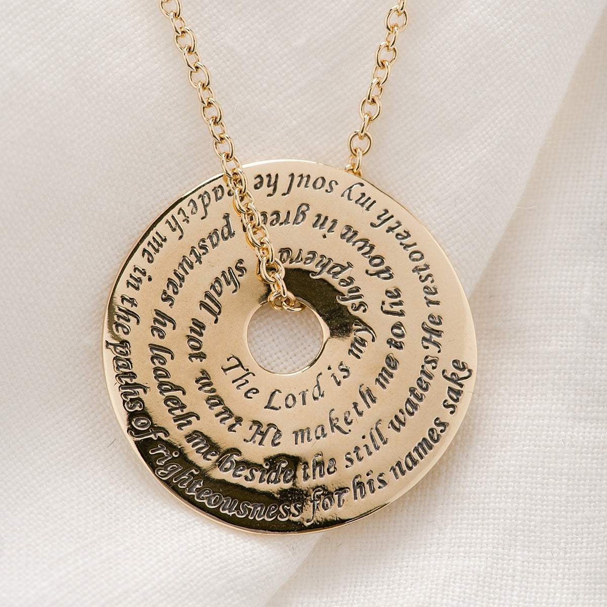 14k Gold Psalm 23 Pi Disc Scripture Verse Necklace | The Lord is My Shepherd