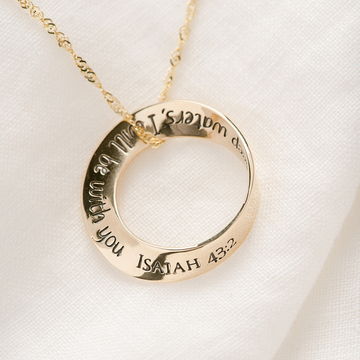 14k Gold Mobius Twist Pendant Necklace | When You Go Through Deep Waters | Isaiah 43:2