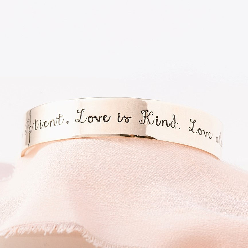 1 Corinthians 13 Gold Brass Engraved Cuff Bracelet | Love is patient...