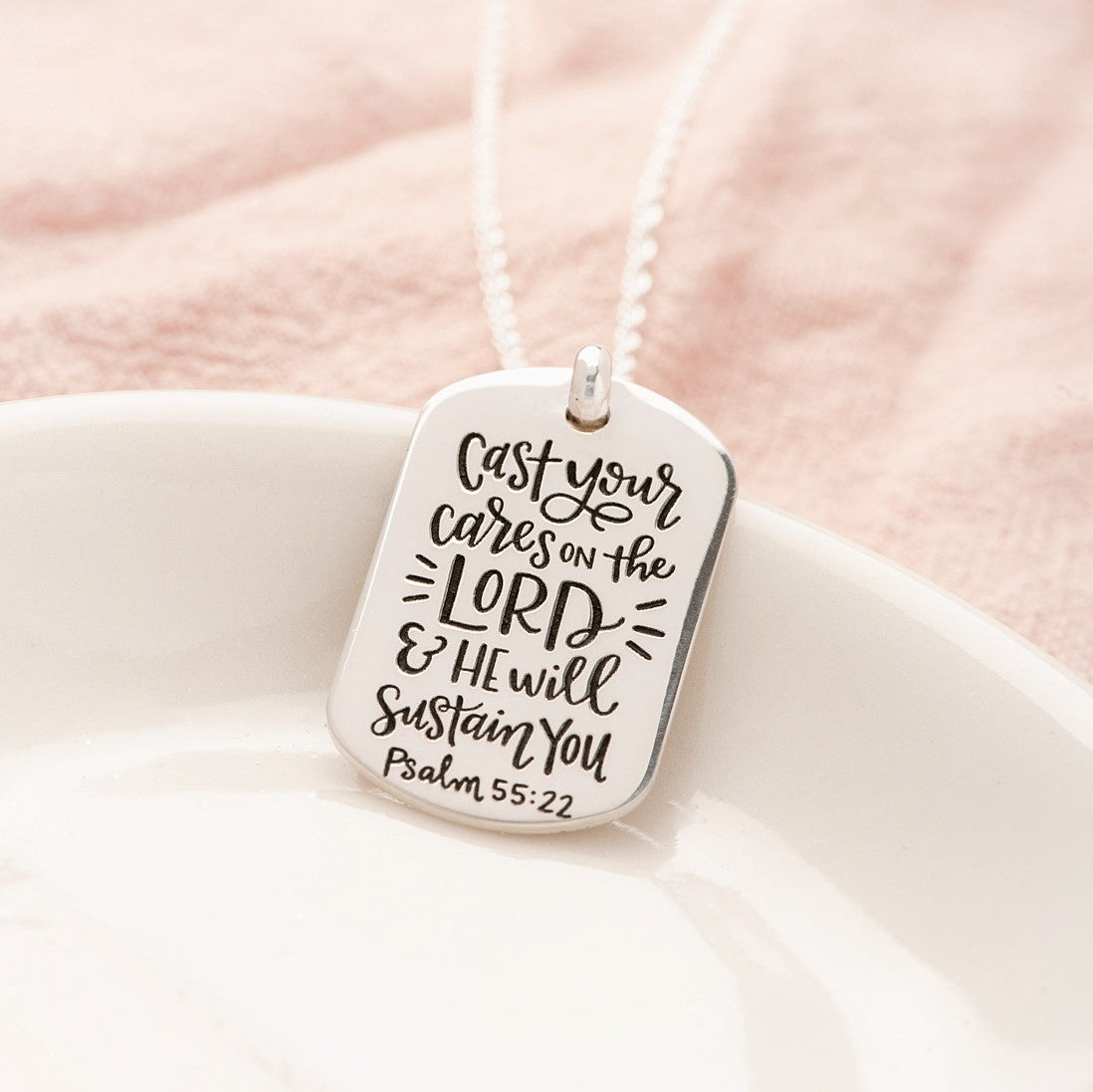 Sterling Silver Dog Tag Pendant Necklace | Psalm 55:12 | Cast Your Cares