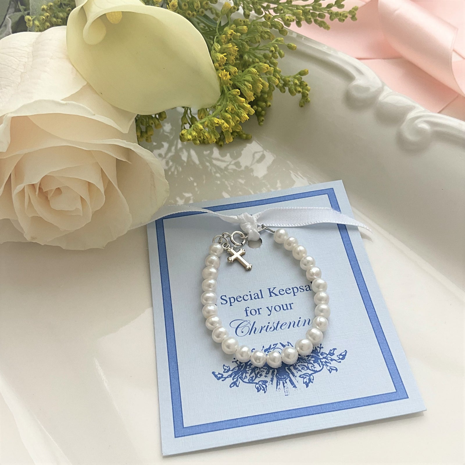 Infant Freshwater Pearl Christening Bracelet with Sterling Silver Cross Charm