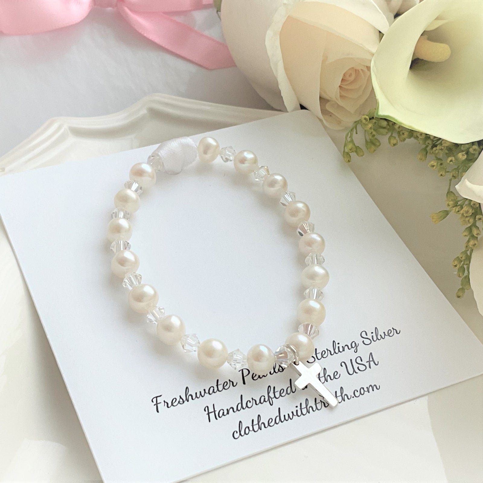 Freshwater Pearl and Swarovski Crystal Children's Bracelet with Sterling Silver Cross Charm