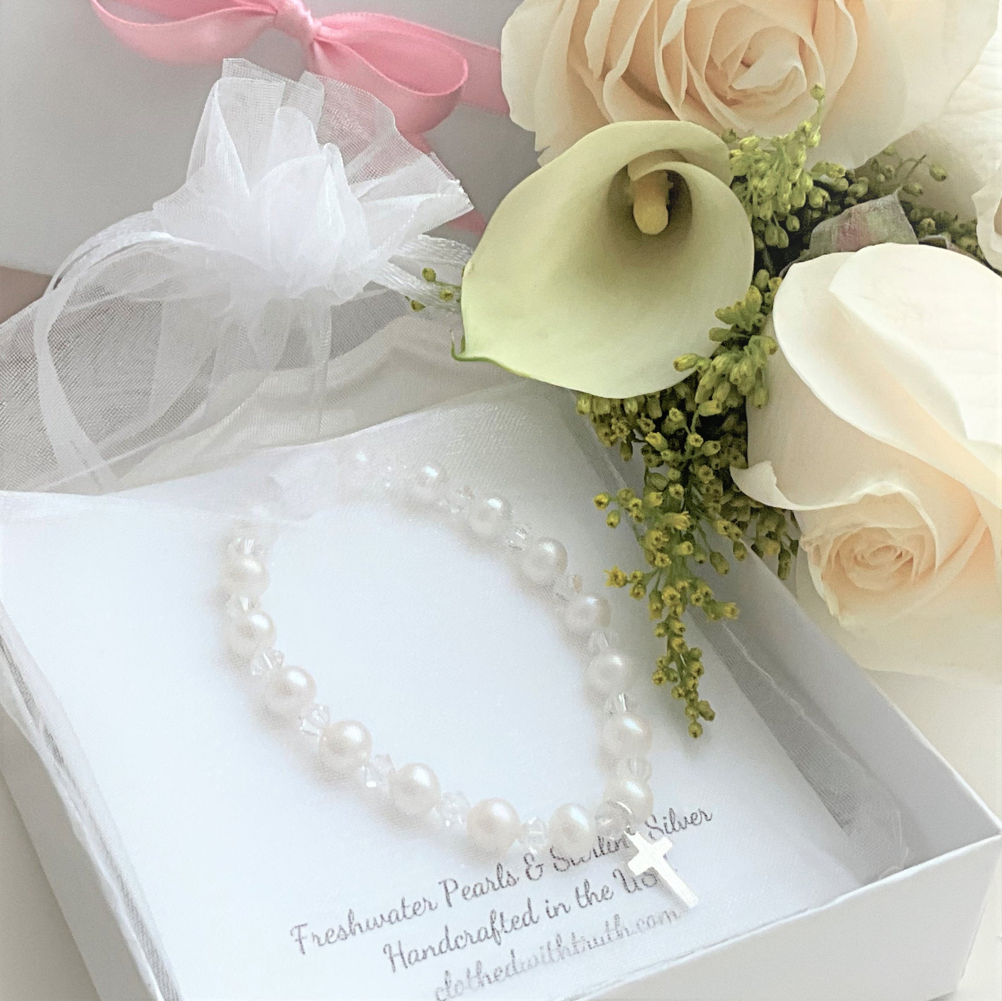 Freshwater Pearl and Swarovski Crystal Children's Bracelet with Sterling Silver Cross Charm