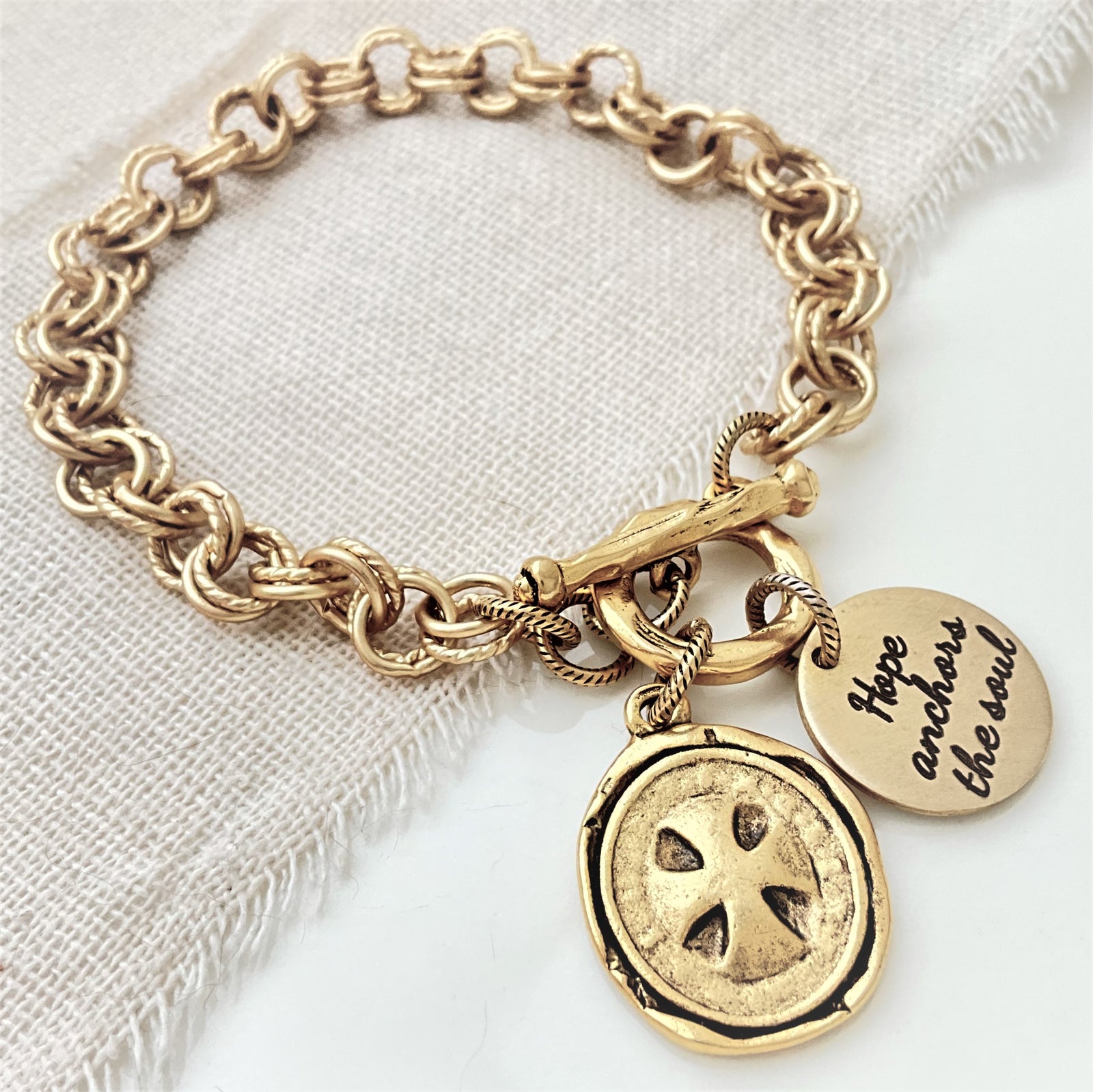 Gold Brass Cross Charm Link Bracelet | Engraved Scripture & Custom Options