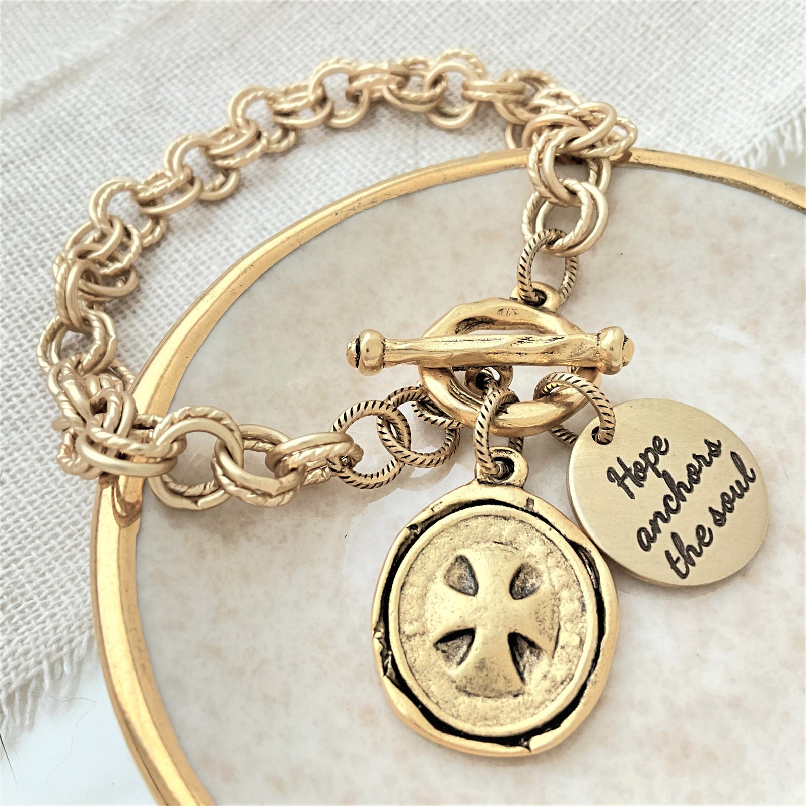 Gold Brass Cross Charm Link Bracelet | Engraved Scripture & Custom Options
