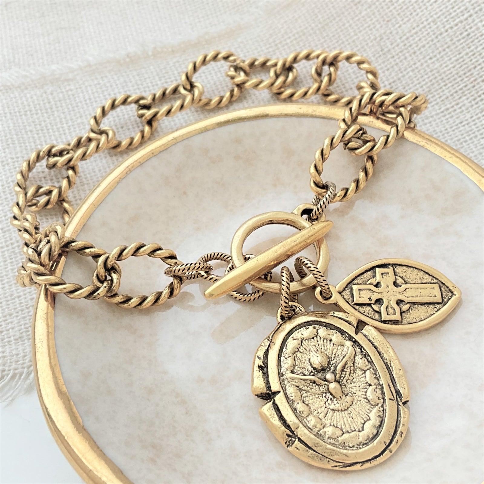 Vintage Gold Wax Seal Charm Bracelet | Holy Spirit Dove