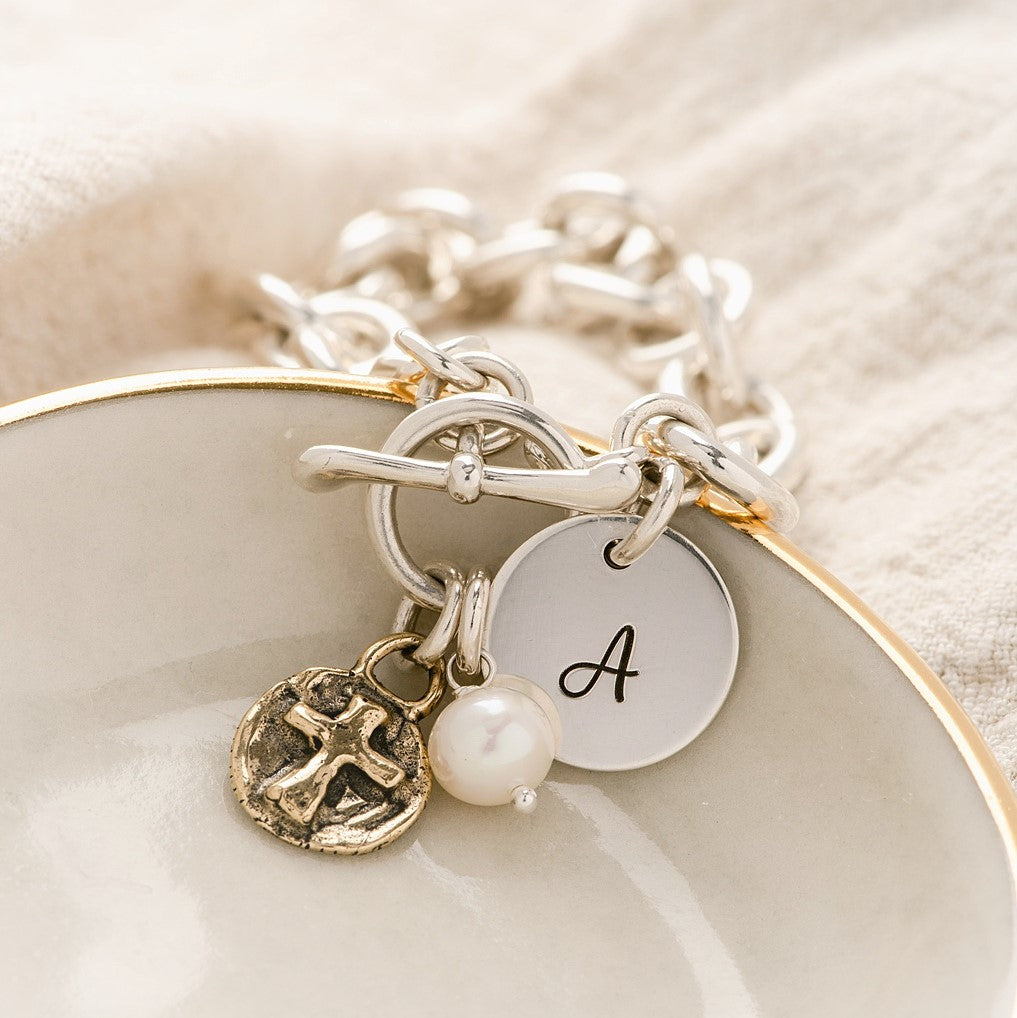 Sterling Silver Link Charm Bracelet | Initial Disc, Bronze Cross & Freshwater Pearl Charms