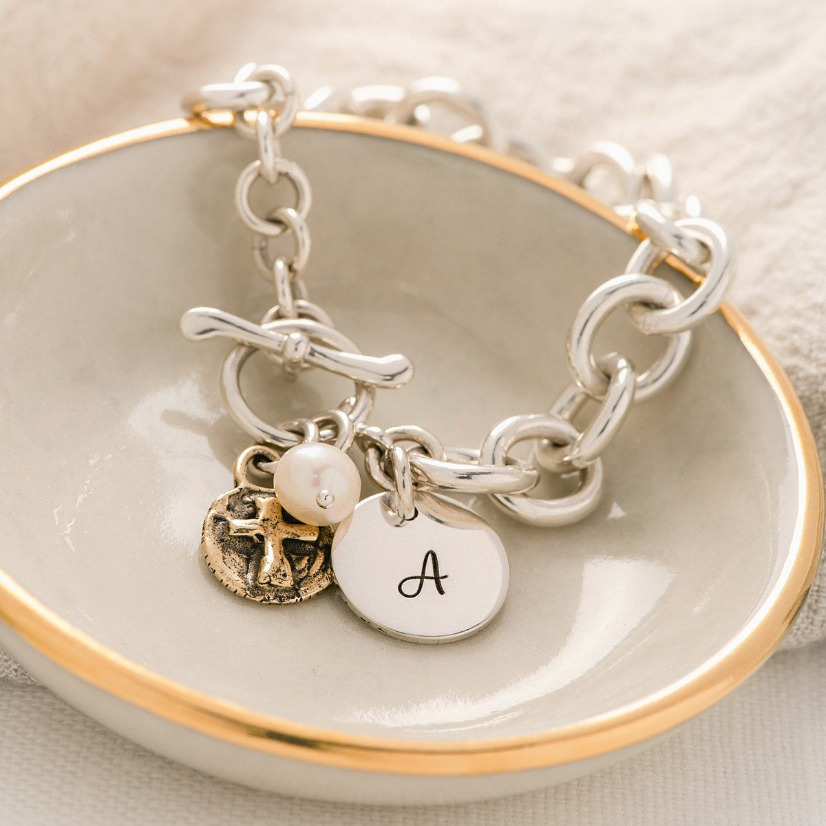Sterling Silver Link Charm Bracelet | Initial Disc, Bronze Cross & Freshwater Pearl Charms