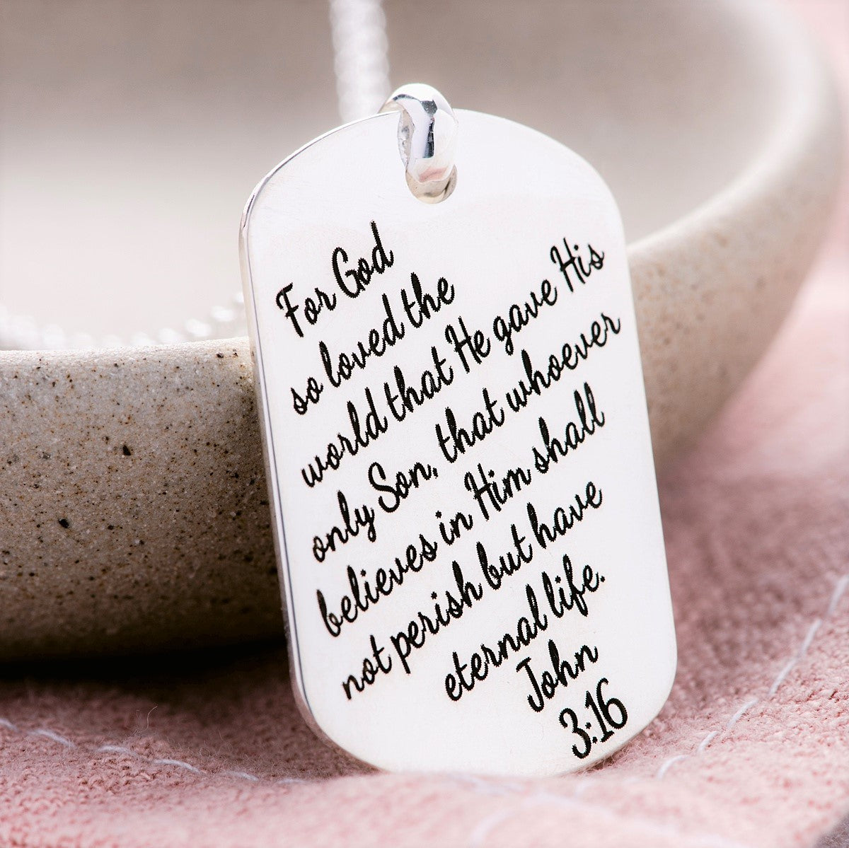 Sterling Silver Dog Tag Pendant Necklace | John 3:16 | For God So Loved The World