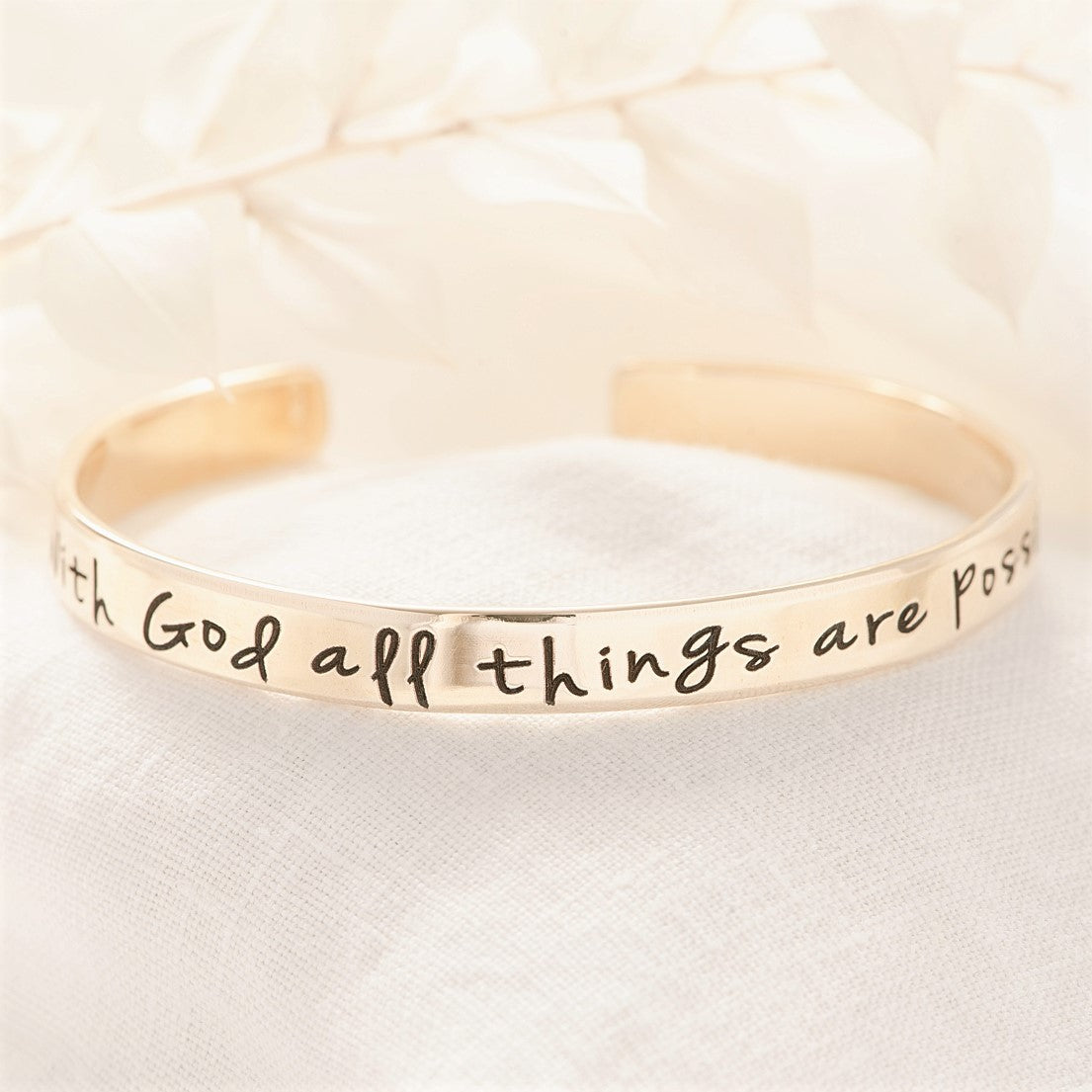 With God All Things Are Possible Gold Brass Engraved Cuff Bracelet | Matthew 19:26