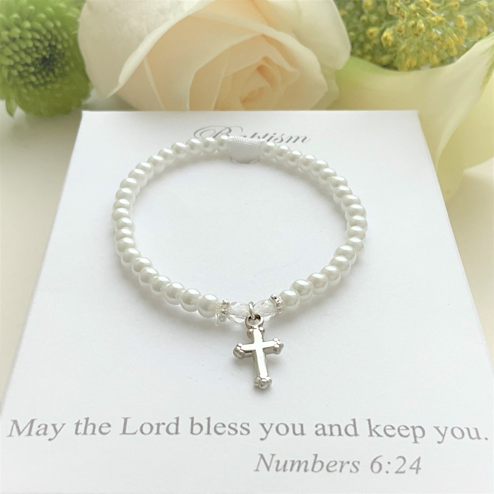 Crystal & Pearl Children's Baptism Bracelet with Cross Charm