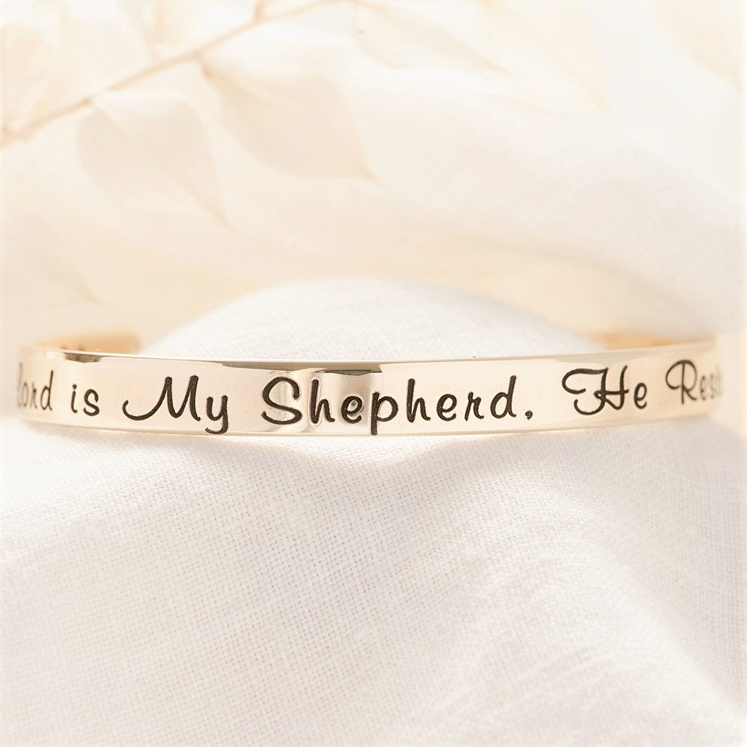 Psalm 23 Gold Brass Engraved Cuff Bracelet | The Lord is My Shepherd