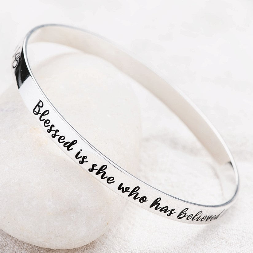 Luke 1:45 Sterling Silver Bangle Bracelet | Blessed is She Who Has Believed