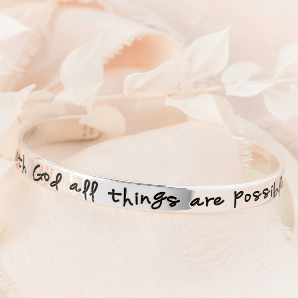 With God All Things Are Possible Sterling Silver Engraved Scripture Verse Cuff Bracelet | Matthew 19:26