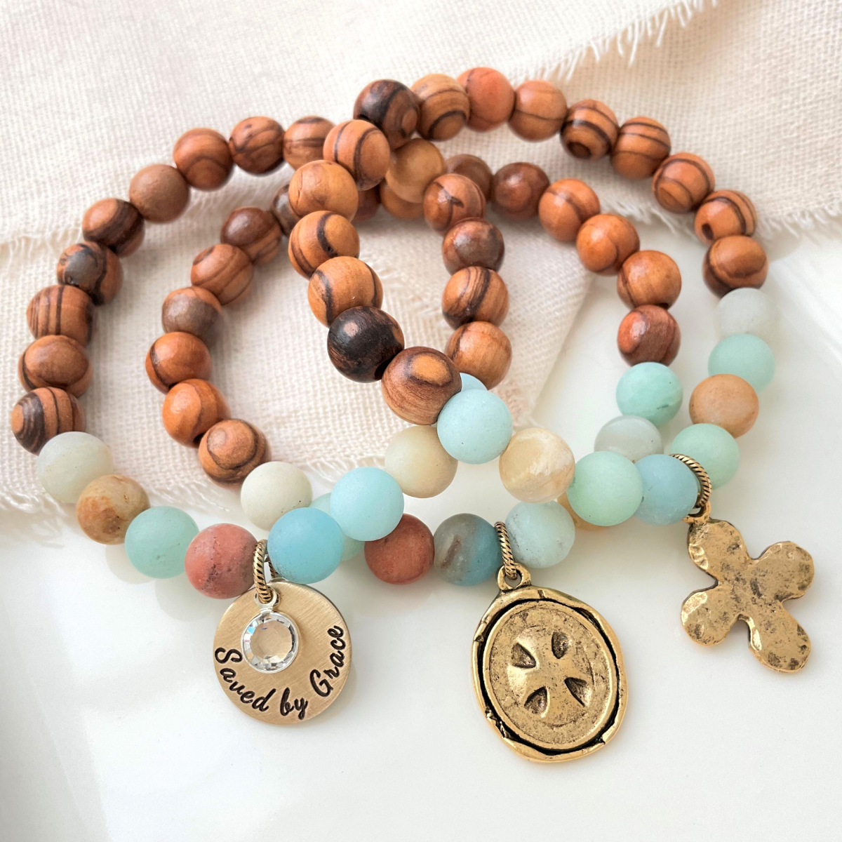 Amazonite Holy Land Olive Wood Bead Bracelet with Charm