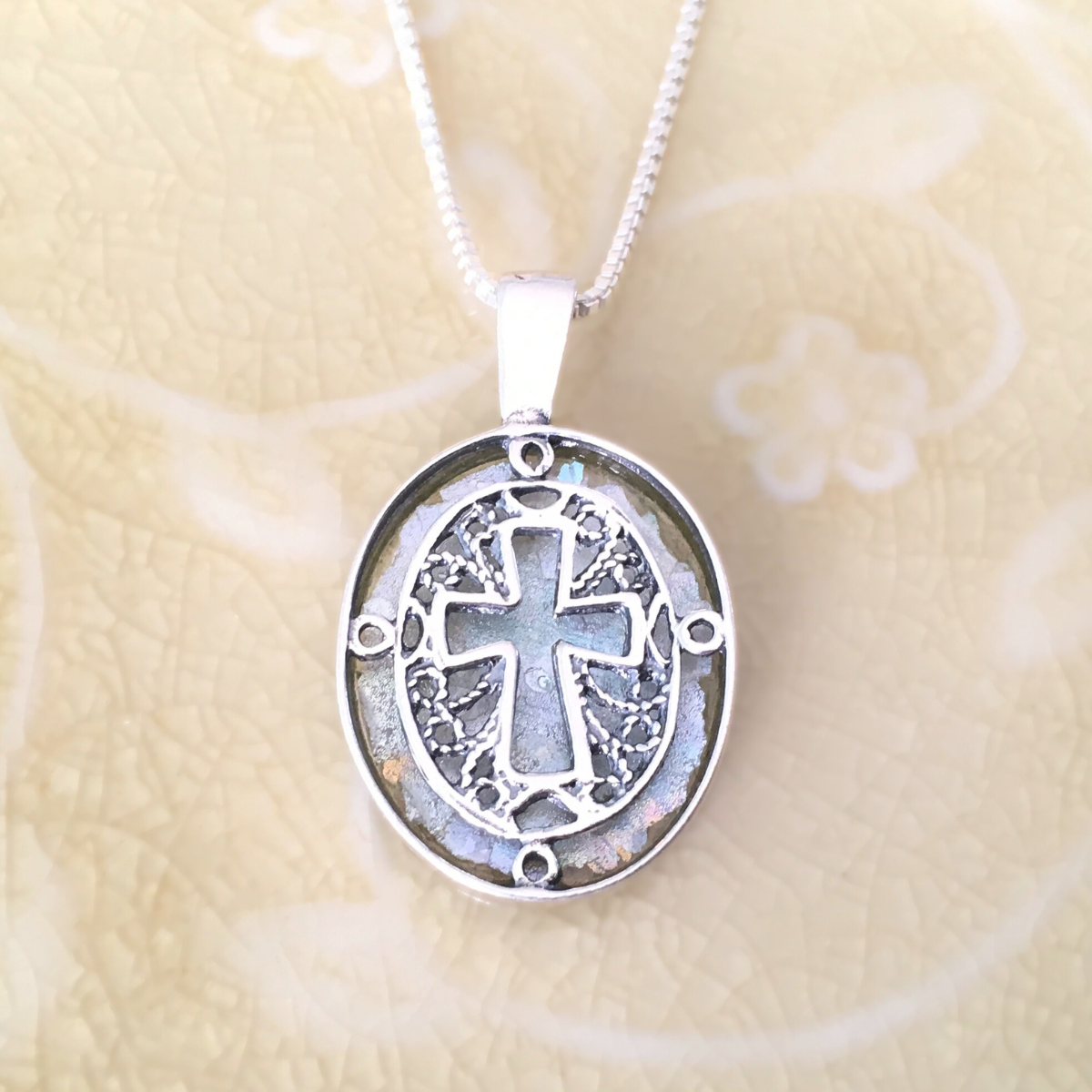 Sterling Silver Ancient Roman Glass Filigree Cross Necklace