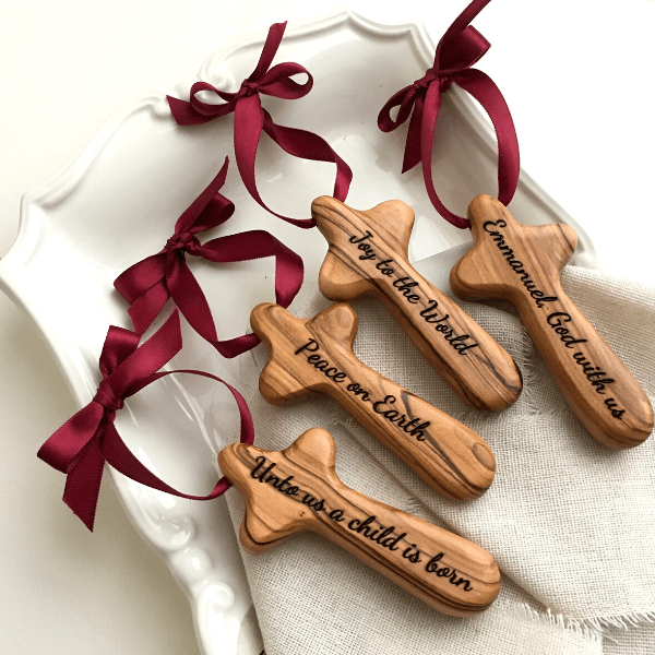 Holy Land Olive Wood Bethlehem Cross Christmas Ornament | Free Personalization & Custom Engraving Available