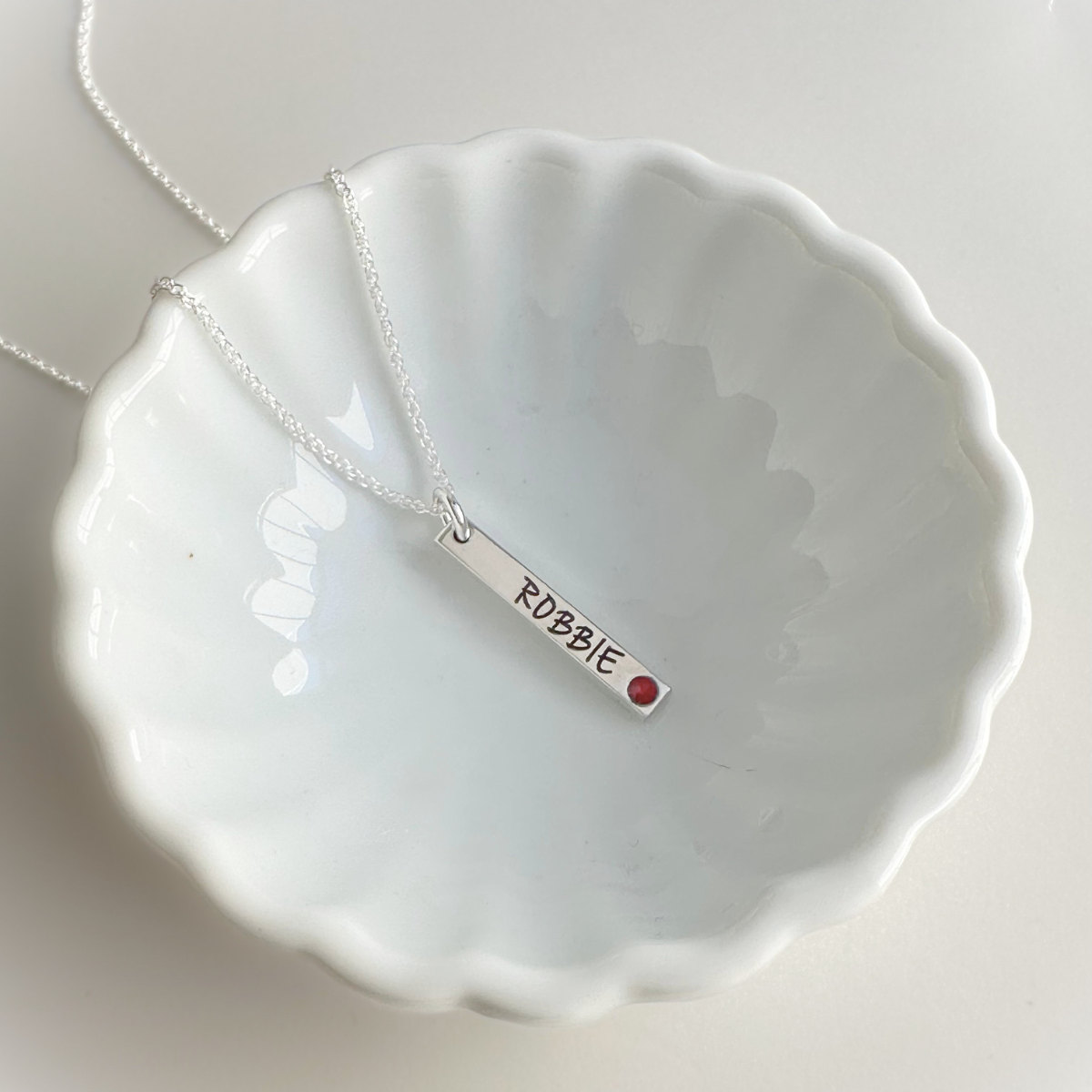 Custom Engraved Sterling Silver Vertical Bar Necklace | Swarovski Crystal Birthstone