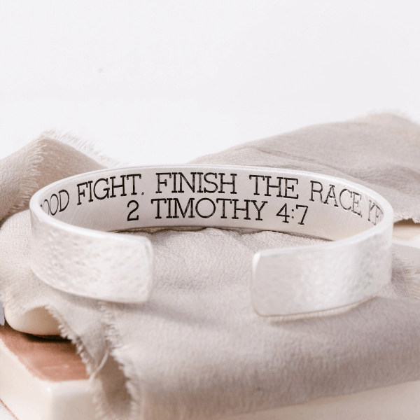 Men's Sterling Silver Engraved Heavy Cuff Bracelet | Finish the Race | 2 Timothy 4:7