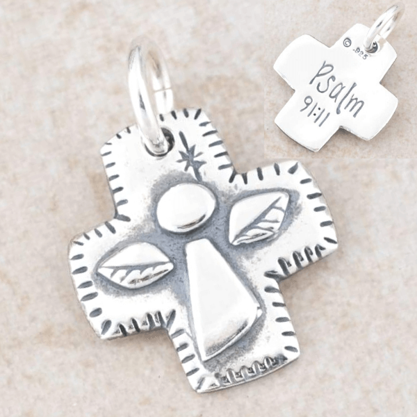 Sterling Silver Guardian Angel Cross Pendant Necklace | Psalm 91:11