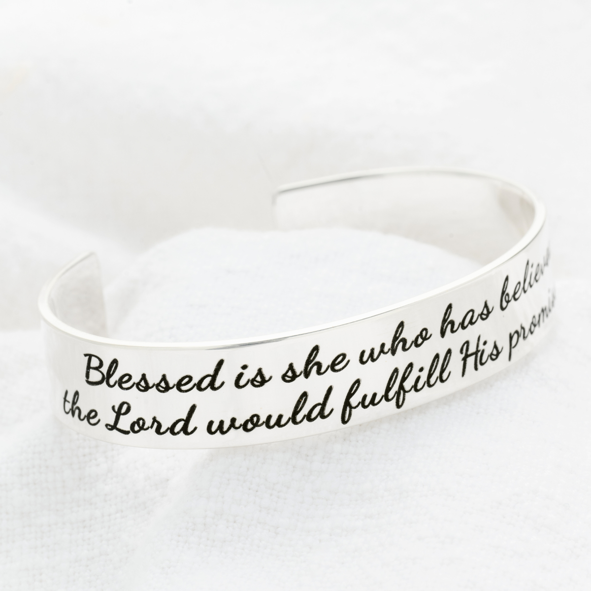 Blessed is She Who Has Believed Sterling Silver Engraved Cuff Bracelet