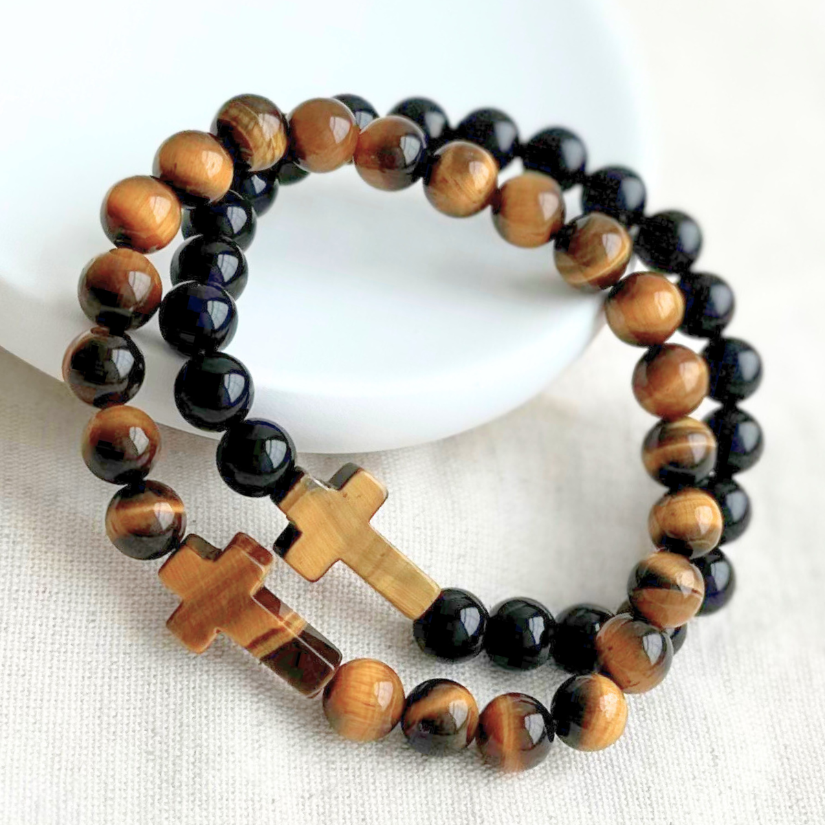 Men's Natural Stone Bracelet with Tiger Eye Cross