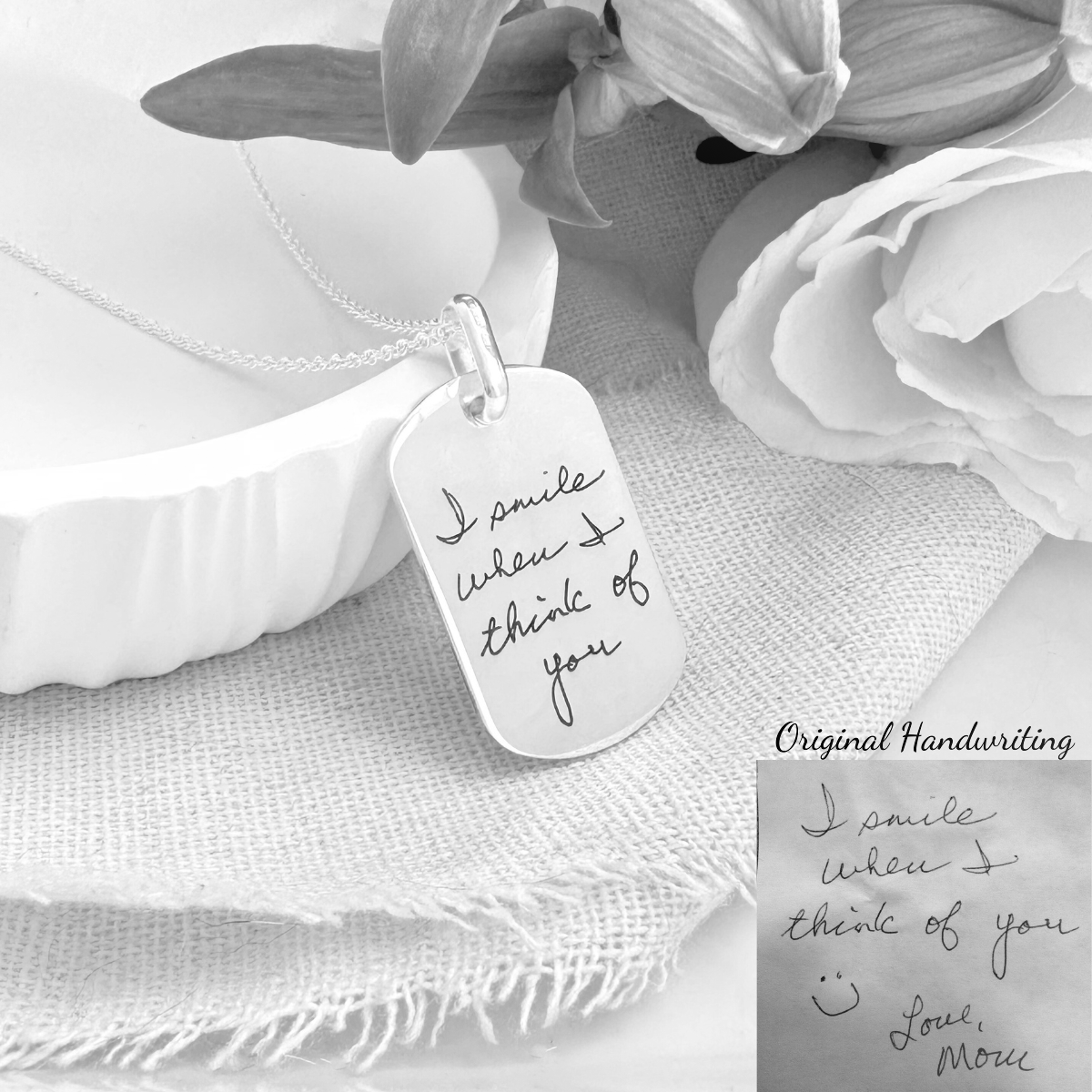 Sterling Silver Petite Dog Tag Pendant Necklace | Custom Engraved with Your Actual Handwriting