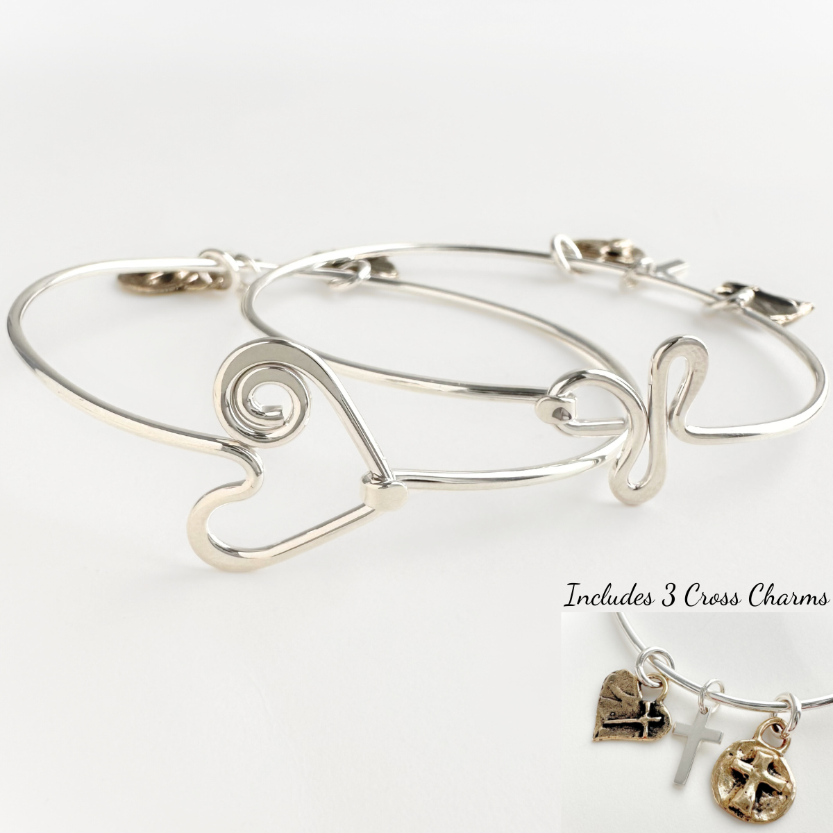 Sterling Silver Wire Bangle Bracelet with Cross Charms | Choose Your Design