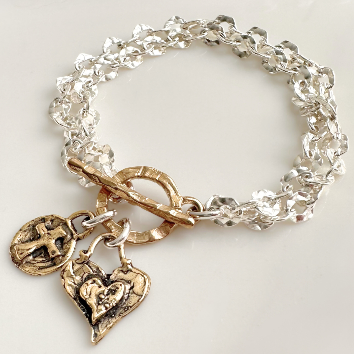 Sterling Silver Hammered Link Bracelet | Bronze Cross & Heart Charms