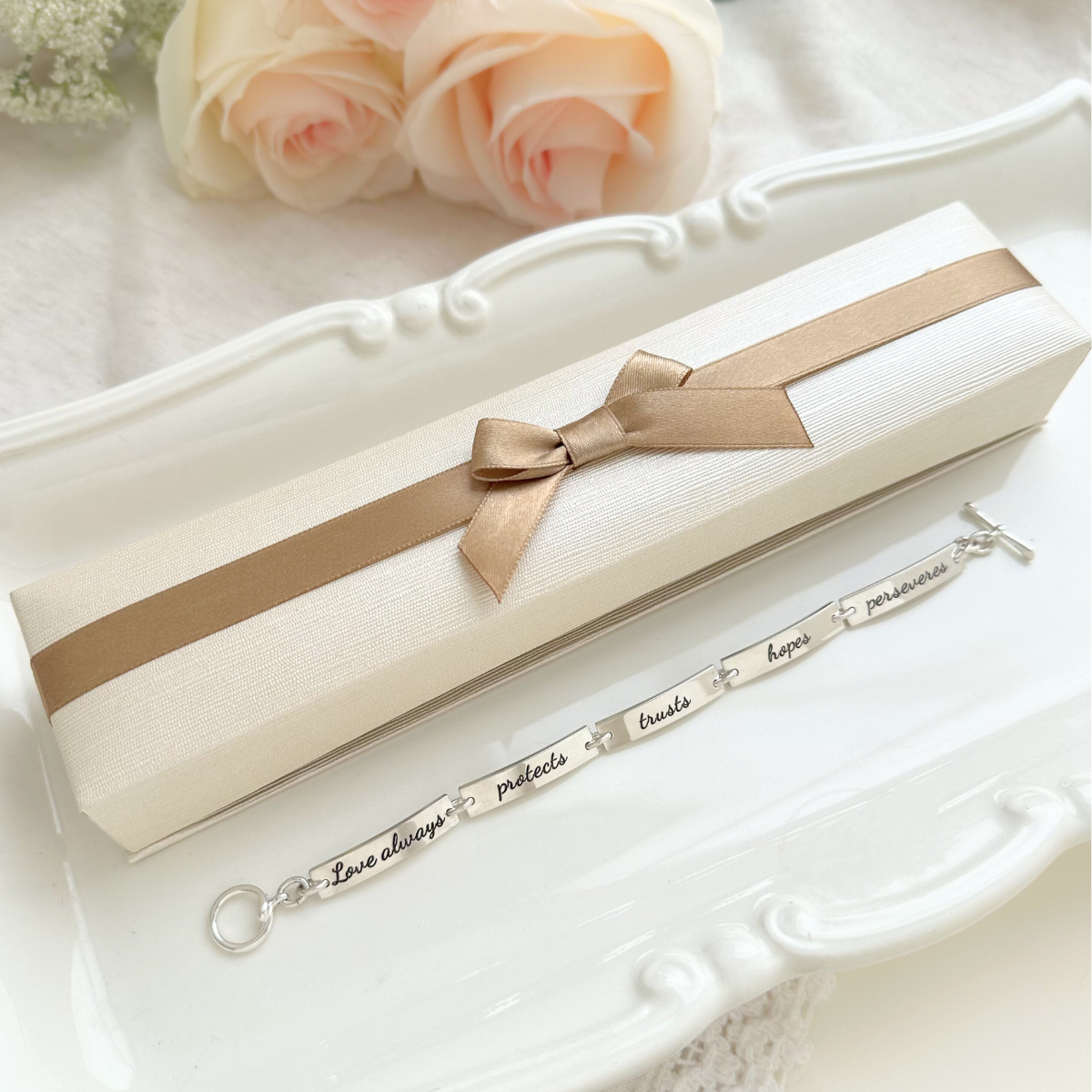 Sterling Silver 1 Corinthians 13 Link Bracelet | Love Always Protects, Trusts, Hopes, Perseveres