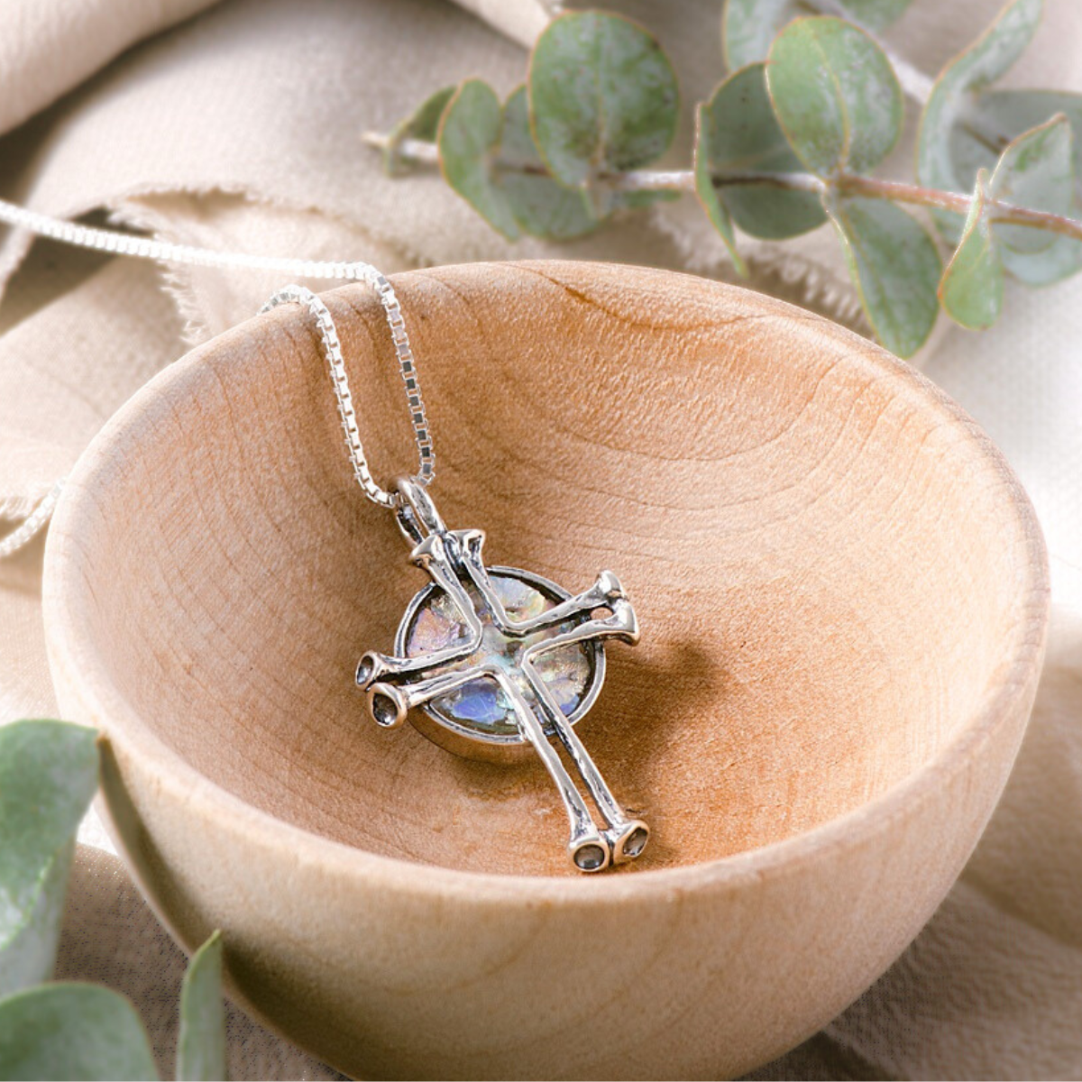 Sterling Silver Ancient Roman Glass Holy Land Cross Necklace