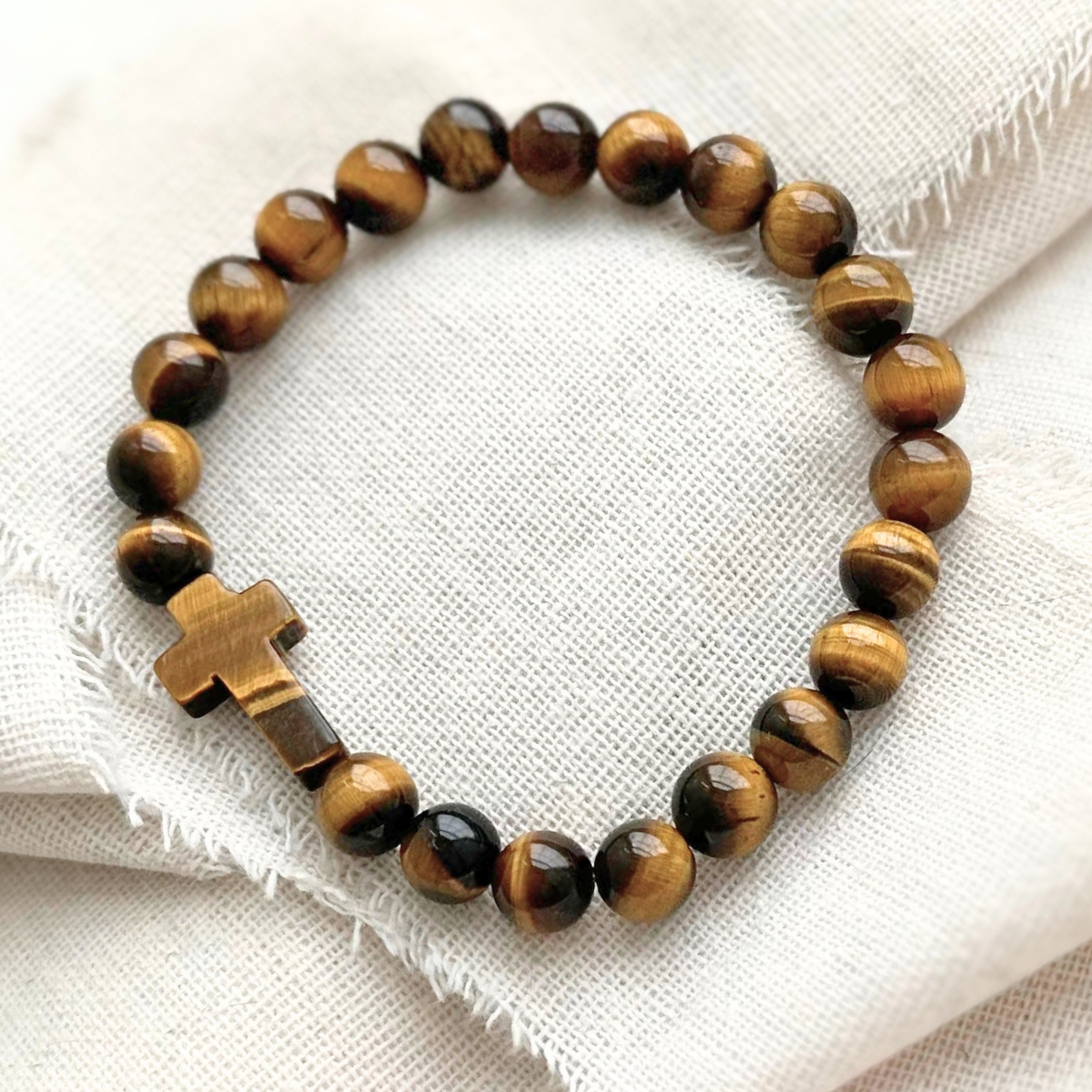 Men's Natural Stone Bracelet with Tiger Eye Cross