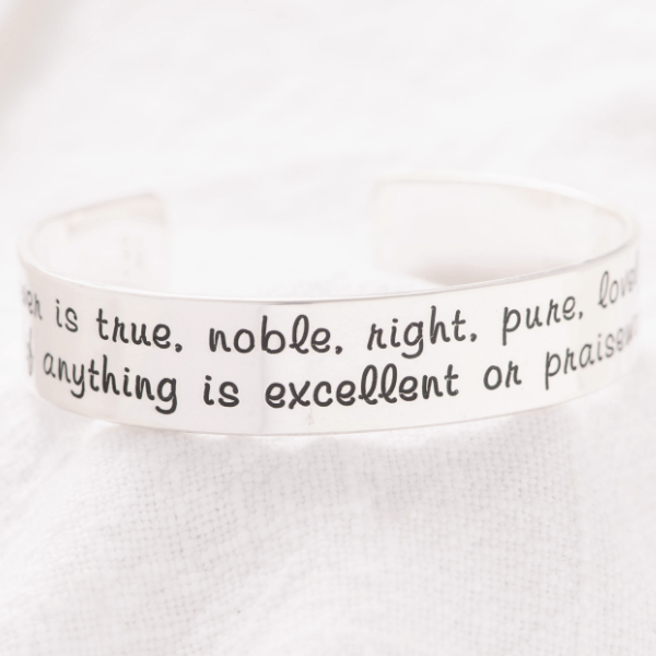 Philippians 4:8 Engraved Scripture Verse Cuff Bracelet | Sterling Silver or 14k Gold